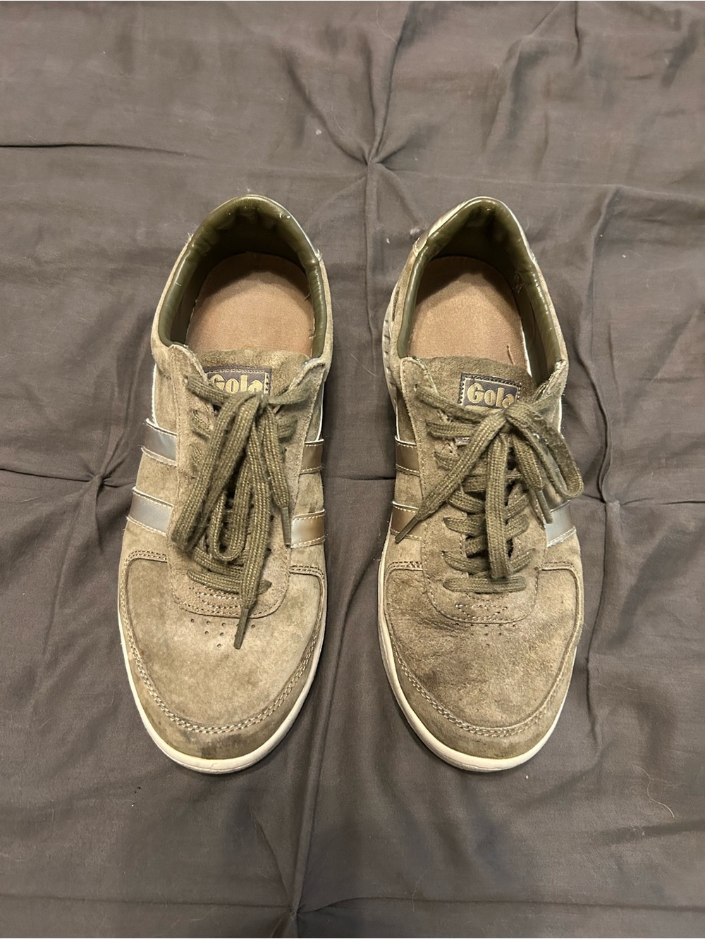 Gola Olive Suede Low-Top Sneakers with Gold Accent Stripes